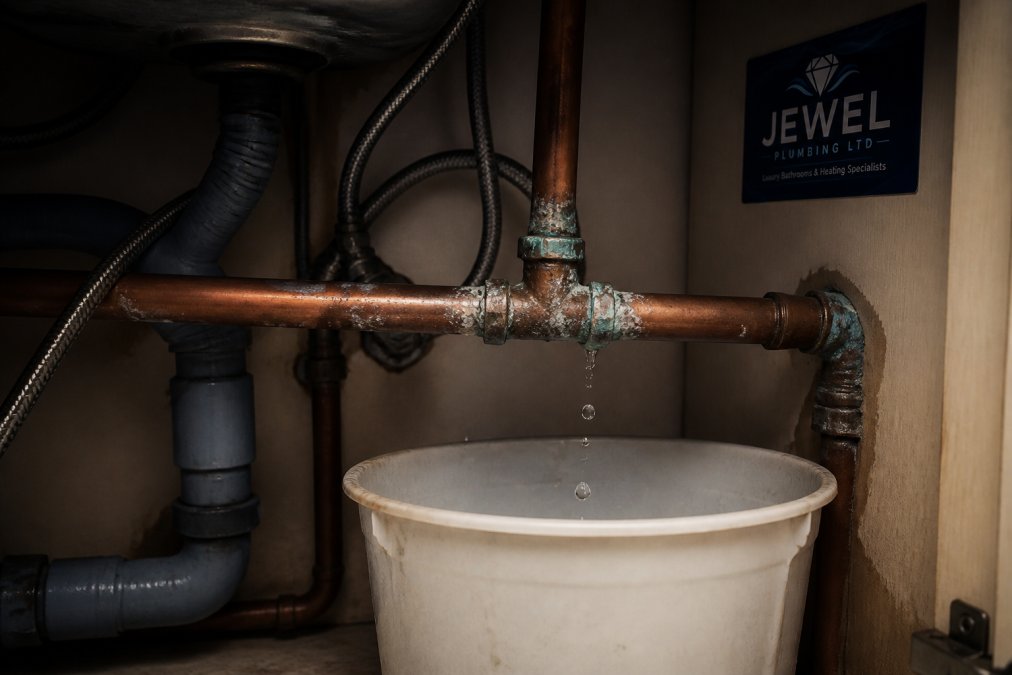 A close-up of a leaking copper pipe joint under a kitchen sink, water beading on corroded fittings and dripping into a plastic bucket on the cabinet floor, dim under-sink lighting