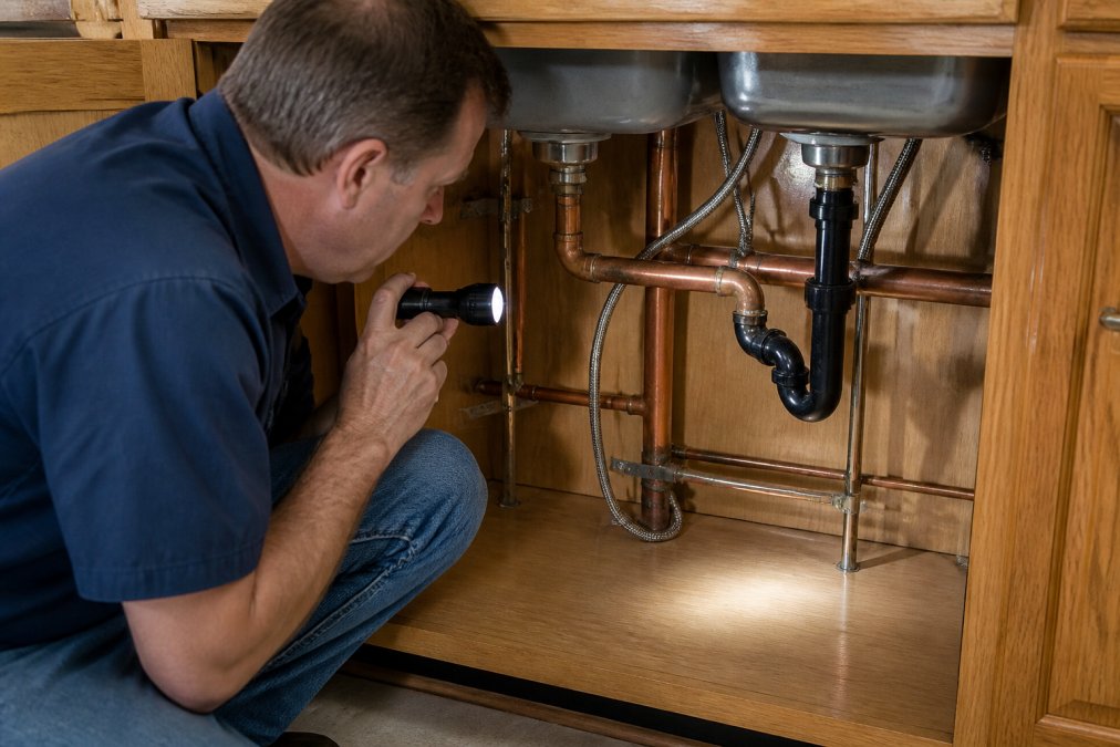 Homeowner inspecting copper pipes under a sink for signs of poor quality plumbing work and potential leaks.