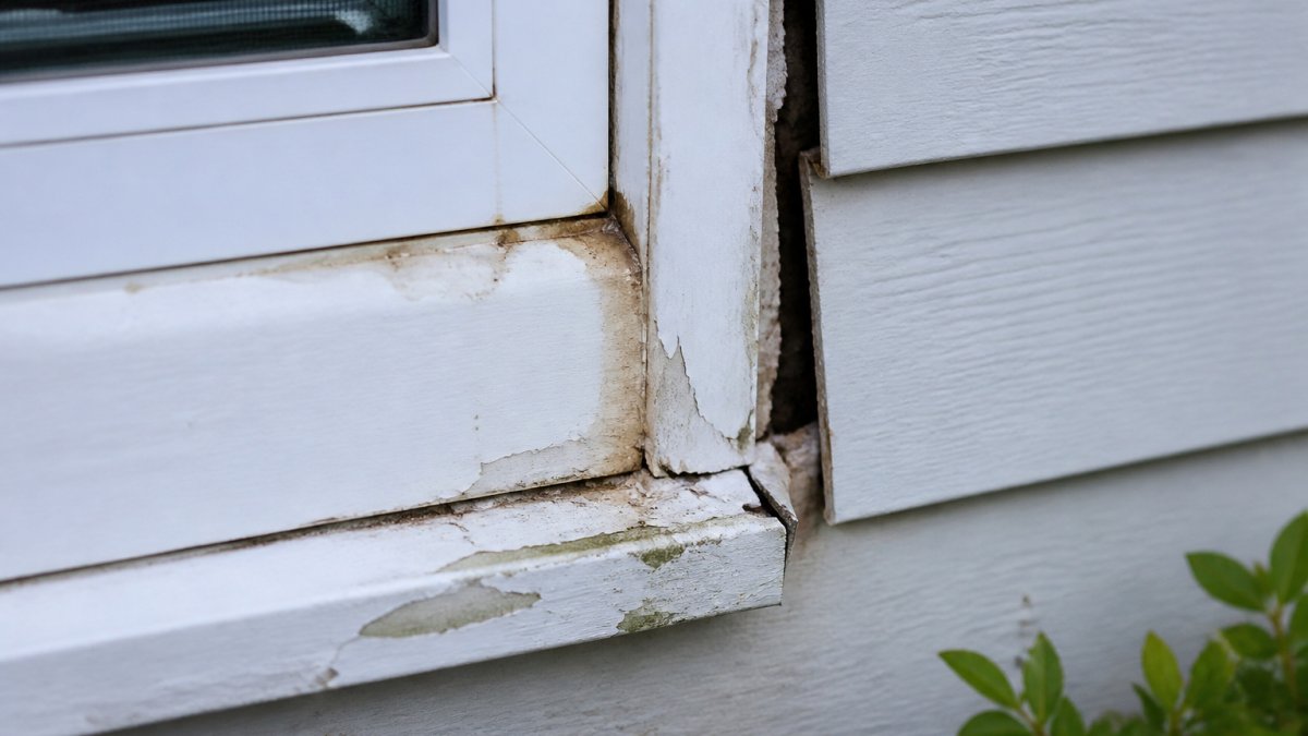 Close-up of window frame showing water stains, peeling paint, and visible moisture damage around the edges with visible gaps between frame and siding