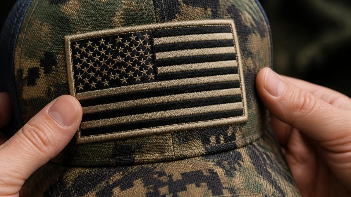 Diagram highlighting tight, even stitching and clean satin borders on a cap to demonstrate high-quality embroidery