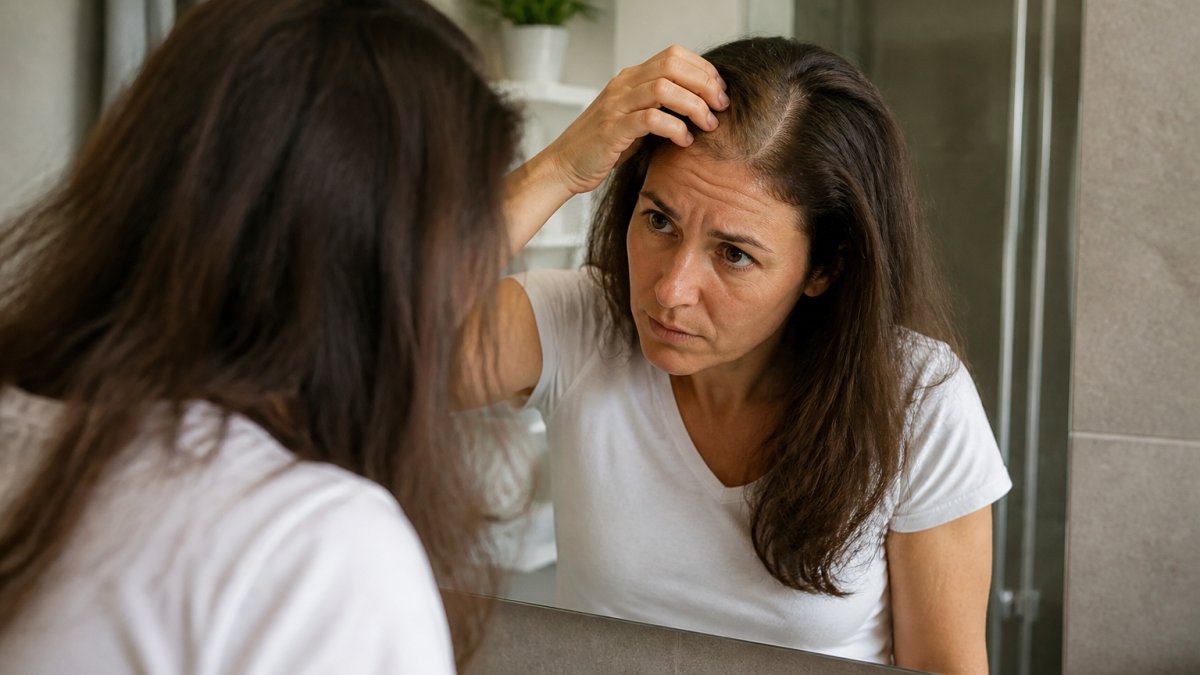 Person examining their hair in a mirror, showing concern about hair thinning or loss while on medication, natural bathroom lighting