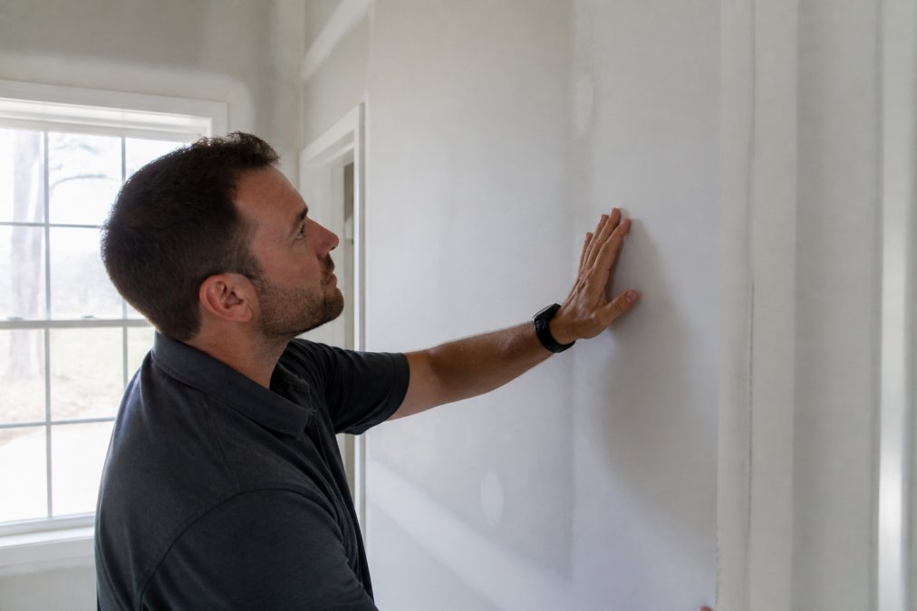 Homeowner's hand closely examining drywall seams and paint finish quality, running fingers across surface texture to detect imperfections, with natural daylight revealing paint coverage consistency