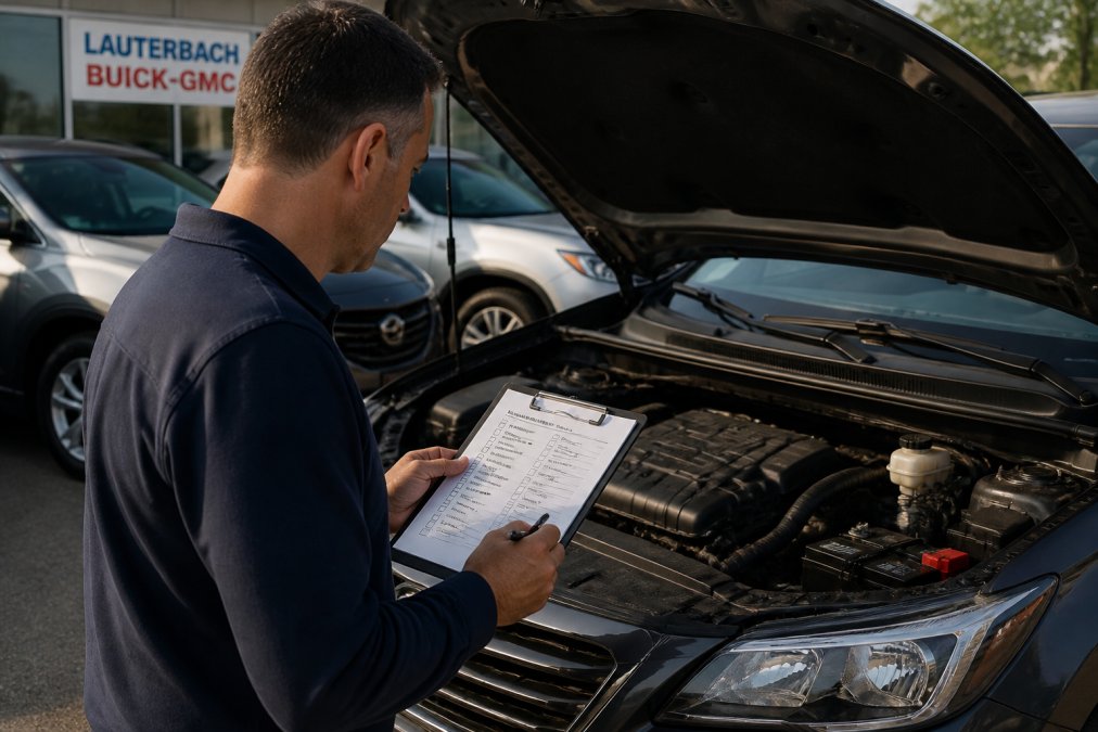 Buyer's hands holding a detailed inspection checklist while examining the engine bay of a used vehicle, daylight illuminating the engine components and clipboard