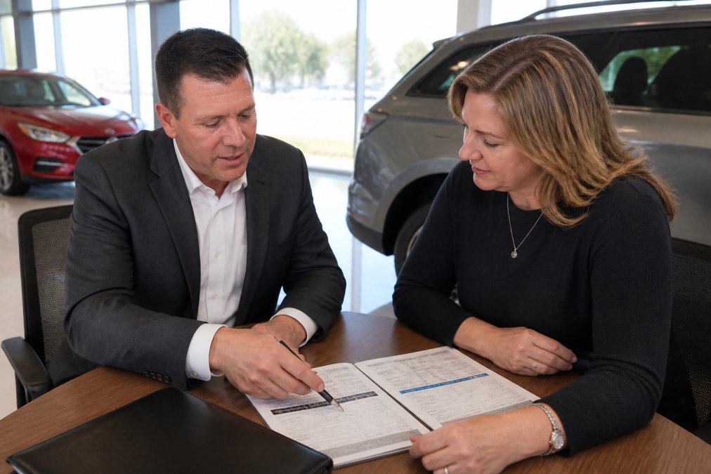 Professional salesman pointing out vehicle features and warranty details to a customer in a dealership showroom, both reviewing documentation at a desk