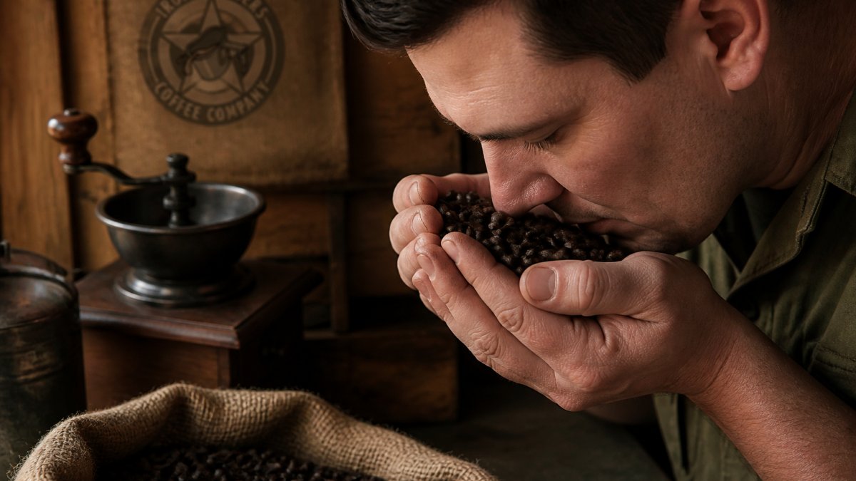 Person cupping dark roasted coffee beans near their nose to inspect the aroma in a rustic kitchen setting
