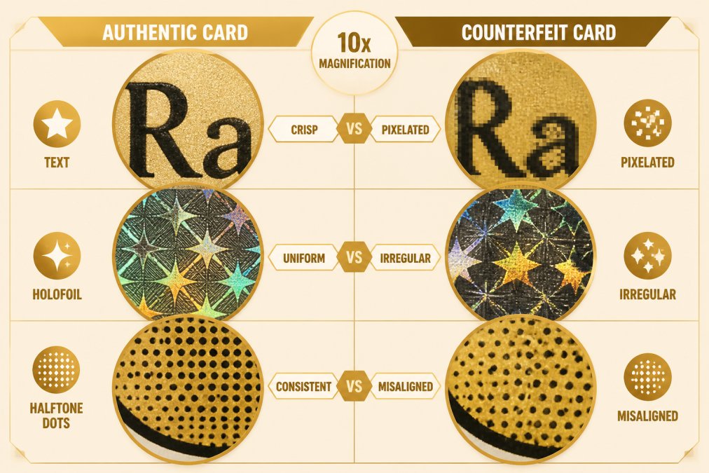 Macro comparison of authentic and fake cards found in resealed pokemon booster packs showing print and foil quality.