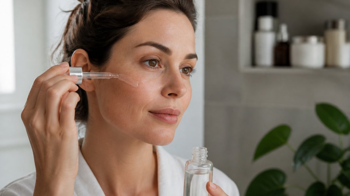 Close-up of a woman in her thirties gently applying a hydrating serum to her cheek in a bright bathroom, soft natural light, calm expression, minimal skincare bottles in the background