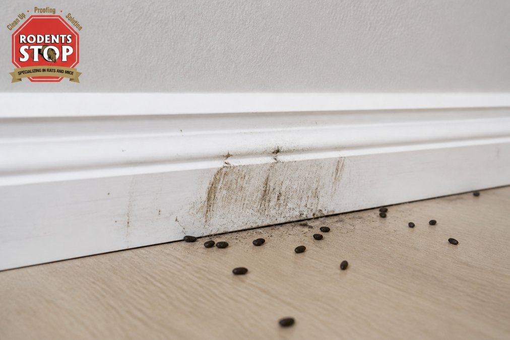 Close-up of dark grease rub marks and rodent droppings along a white baseboard at the base of a drywall interior wall, photographed under bright indoor lighting revealing smudged staining and small dark pellets