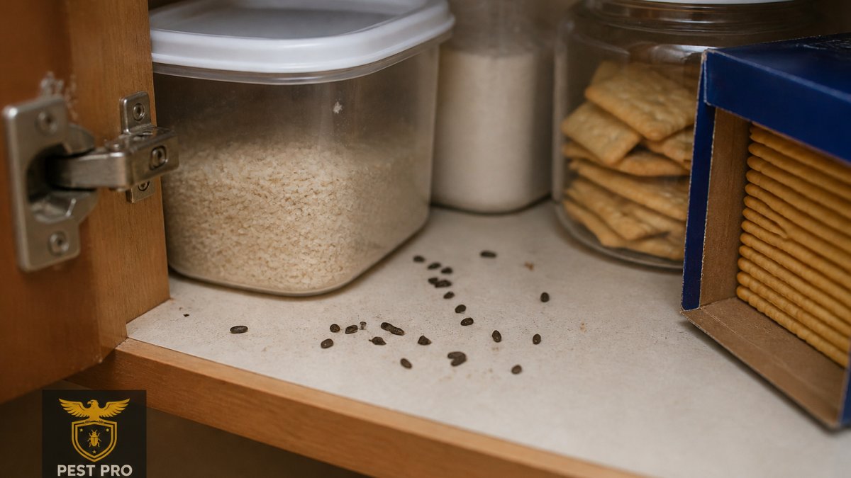 Close-up view of kitchen cabinet shelf interior showing small dark rodent droppings scattered near food storage containers and beside a box of crackers