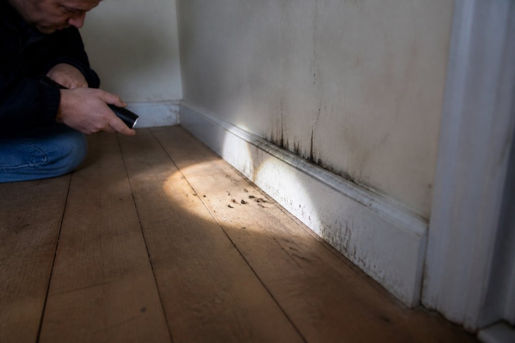 A homeowner crouching near a skirting board with a torch, examining dark grease marks and small droppings along the wall edge in a dimly lit room
