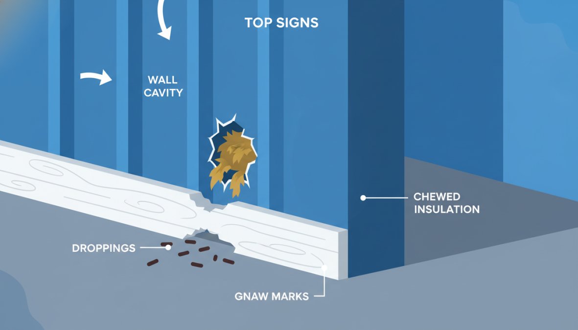 Close-up photograph of a dark corner of a basement wall showing small rodent droppings scattered on the concrete floor and gnaw marks along the wooden baseboard, with chewed insulation fibers visible nearby, captured under a flashlight beam