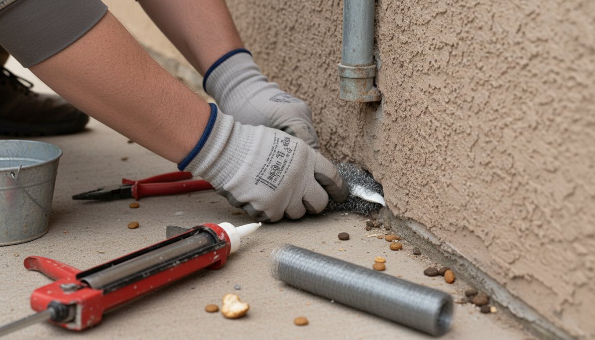 A homeowner wearing work gloves pressing steel wool and caulk into a small gap at the base of an exterior wall near a pipe entry point, with a caulking gun and wire mesh visible on the ground beside them, photographed in natural daylight against a weathered brick exterior