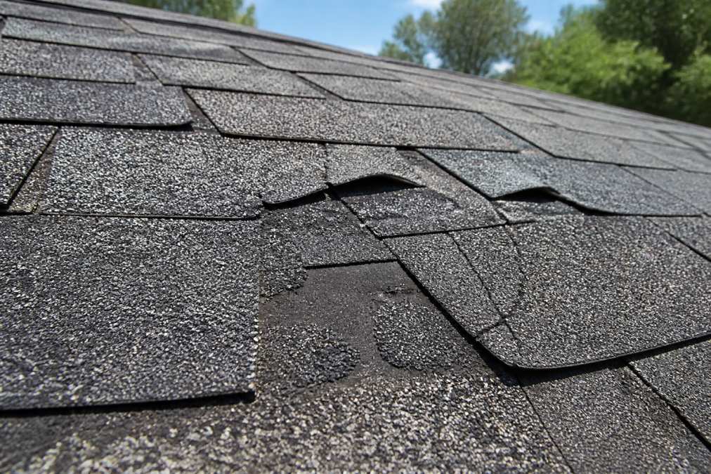 Infographic identifying roof damage from ground by highlighting curled shingles, missing granules, and surface cracks.