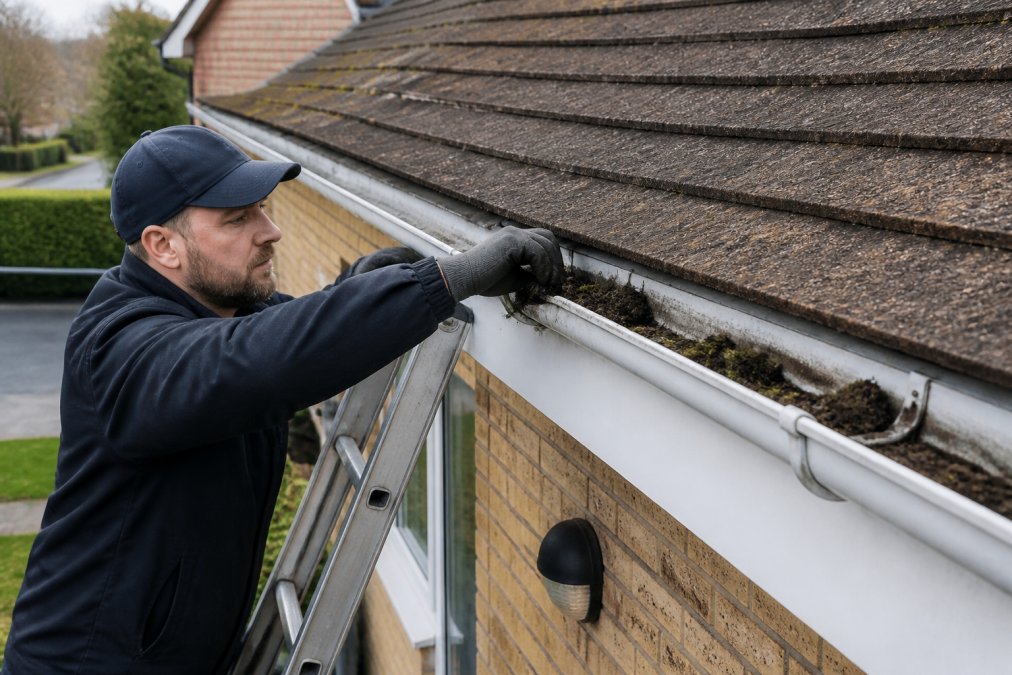Roofer cleaning gutters and checking fascia boards and soffit vents from a ladder, with debris and shingle granules visible in the gutter