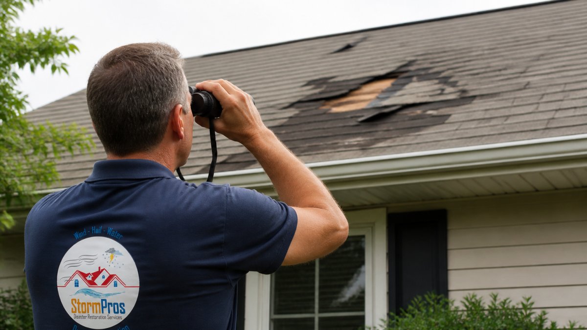 Homeowner safely inspecting roof damage from ground level using binoculars, with damaged roof section visible in background showing missing shingles and water stains