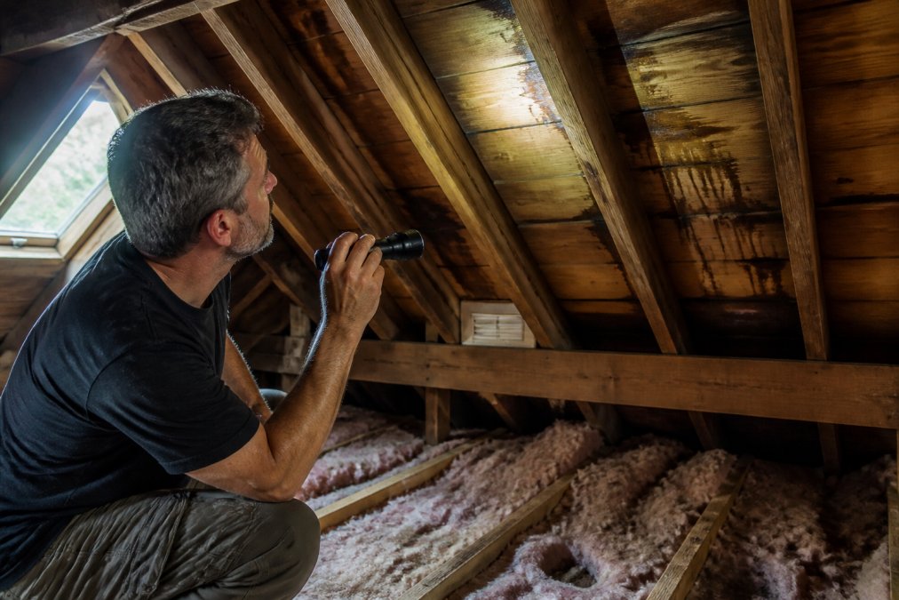 Homeowner using a bright flashlight to inspect attic rafters and wooden beams, with visible water stains visible on the wood and insulation below, natural daylight from attic window illuminating the space