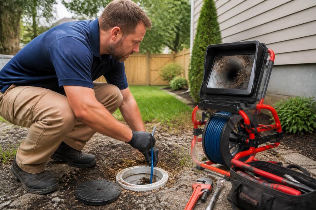A plumber in a residential yard feeding a sewer inspection camera reel into a cleanout access point, with a monitor showing the inside of a pipe, natural daylight, focused expression