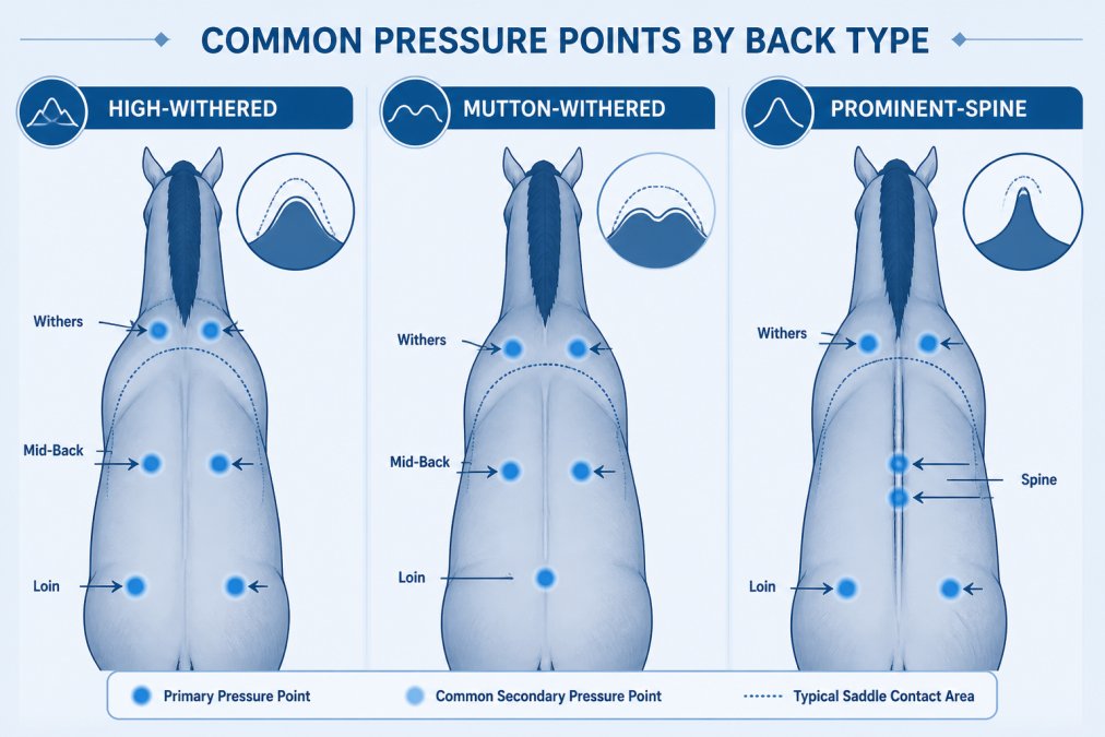 Annotated side-by-side comparison of three horse backs, high-withered, mutton-withered, and prominent-spine, with arrows marking where pressure points typically appear on each