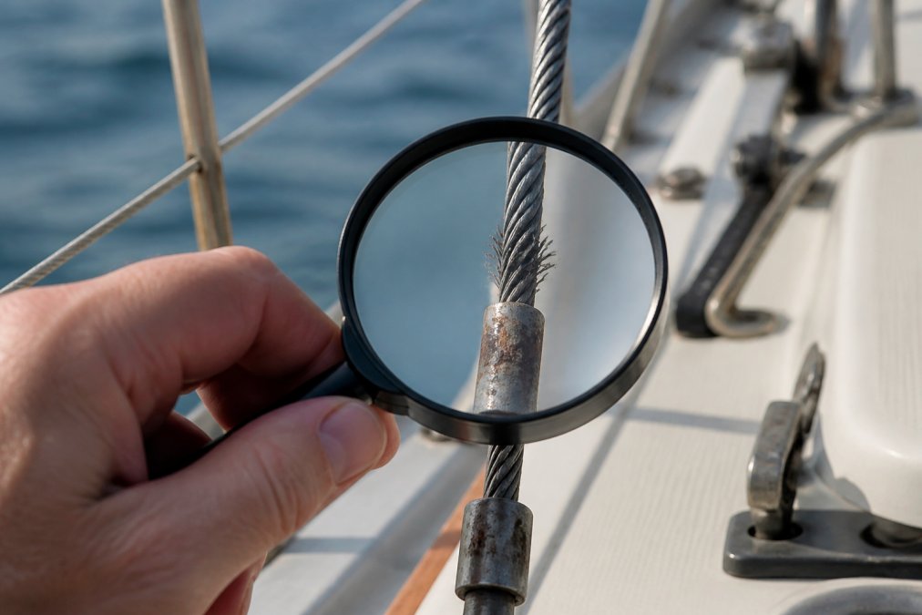 Close-up of a sailboat's standing rigging wire showing frayed strands and rust discoloration near a swage fitting, with a hand holding a magnifying glass for inspection