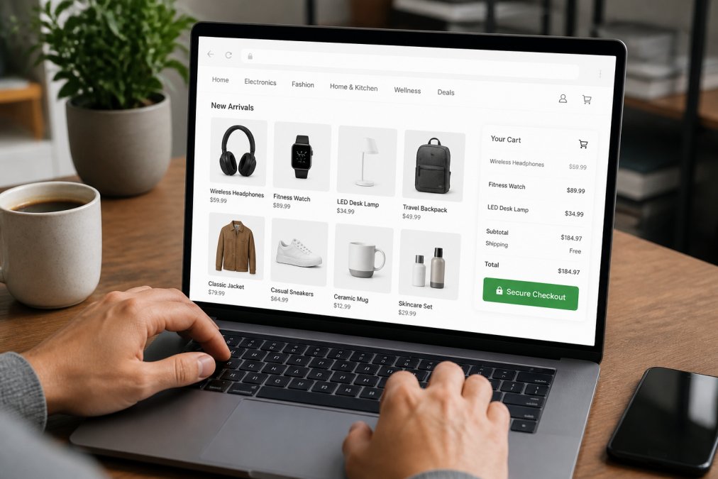 Professional e-commerce website displayed on laptop screen showing clear navigation menu, high-quality product images in grid layout, visible security padlock icon in address bar, and a "Secure Checkout" button prominently displayed
