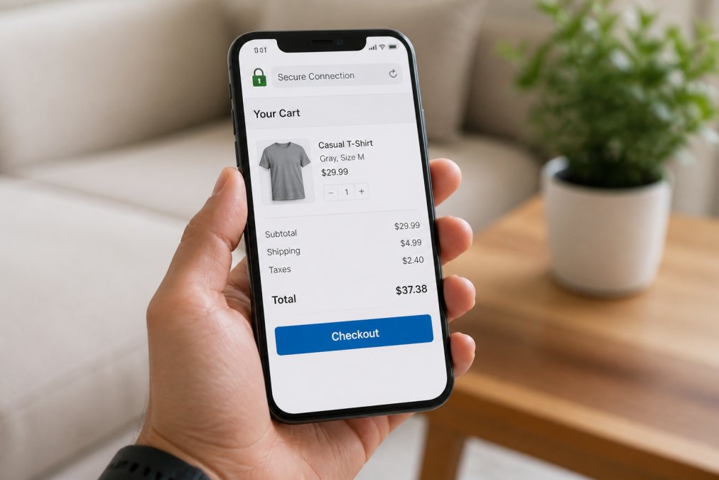 Smartphone held in someone's hand displaying a mobile shopping app with a padlock security icon visible in the address bar, showing "Secure Connection" indicator, with a "Checkout" button visible on screen