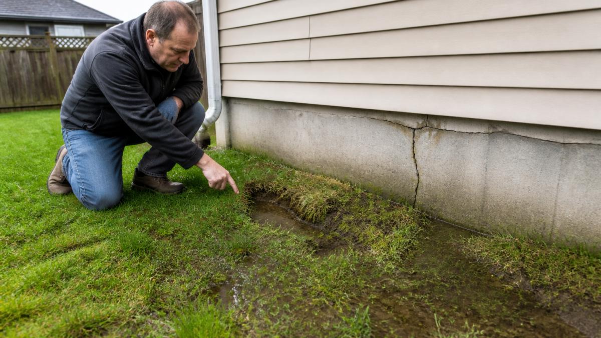 A homeowner crouching near a sunken, soggy patch of lawn beside a house foundation, pointing at a small depression in the grass, overcast daylight