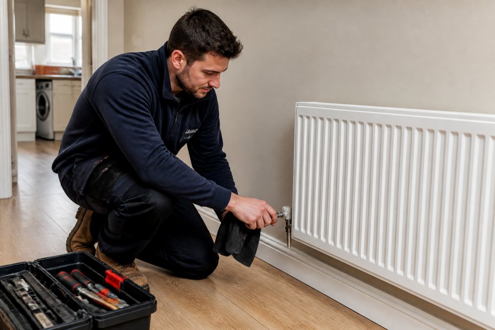 A heating engineer in work uniform crouching beside a white radiator in a UK home, holding a cloth and bleeding valve key, with a toolbox on the floor nearby