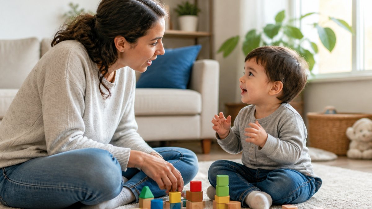 Parent and toddler playing with colorful blocks at home to help with speech delays