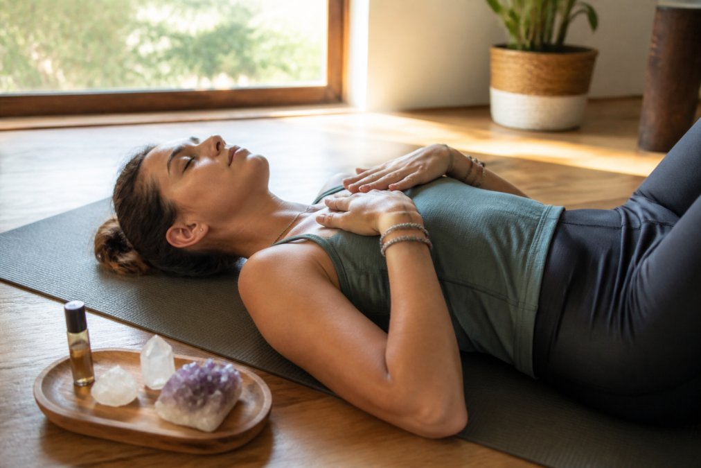 Person resting on a yoga mat with crystals, experiencing the physical signs of the spiritual ascension process.