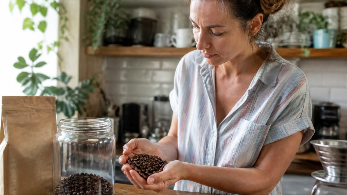 Close-up of hands holding a handful of dark roasted coffee beans beside a clear glass jar and a bag of beans on a kitchen counter, warm morning light