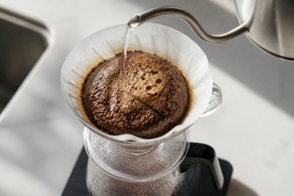 Overhead shot of a thin stream of hot water being poured from a gooseneck kettle over ground coffee in a glass pour-over dripper, with vigorous CO2 bubbles and a domed bloom rising from the dark grounds, on a clean white kitchen counter in natural morning light
