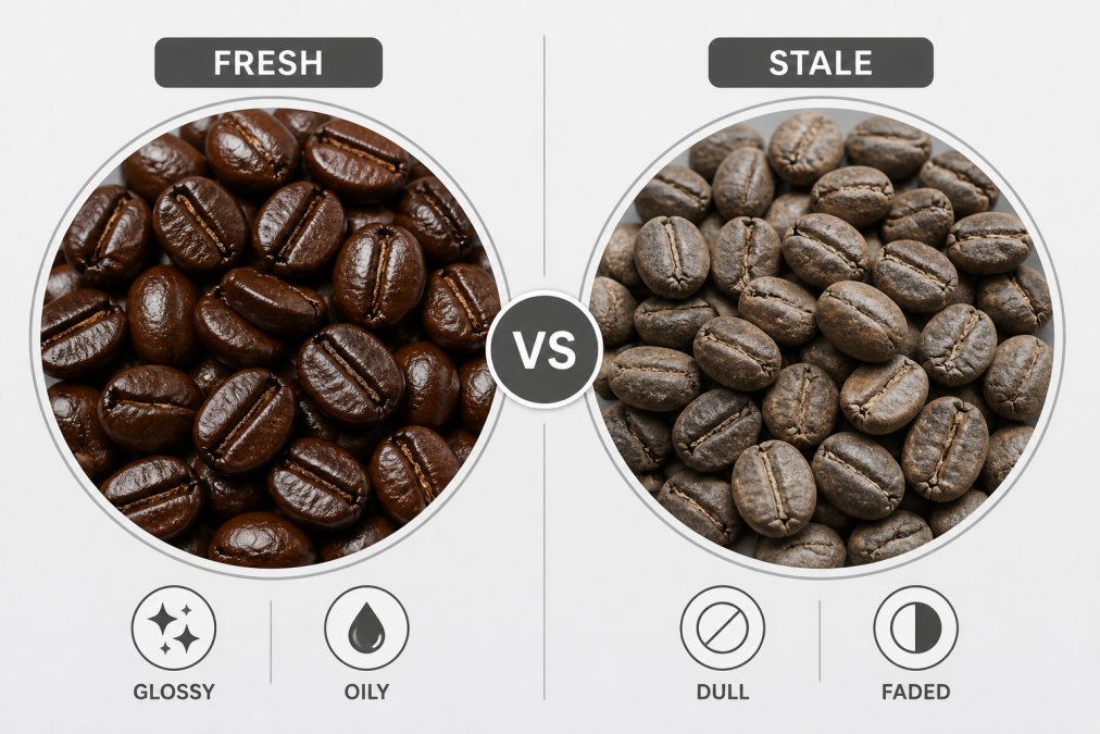 Close-up of fresh, glossy whole coffee beans with rich dark brown color and visible oils next to a pile of visibly dull, faded, grayish stale beans showing loss of sheen and color vibrancy