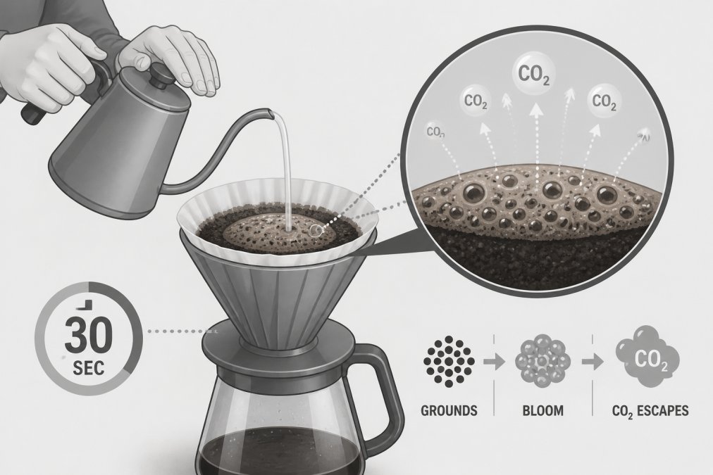 Hands pouring hot water slowly over ground coffee in a pour-over dripper setup, showing visible bloom with rising foam and visible CO2 bubbles escaping from the grounds in the first 30 seconds