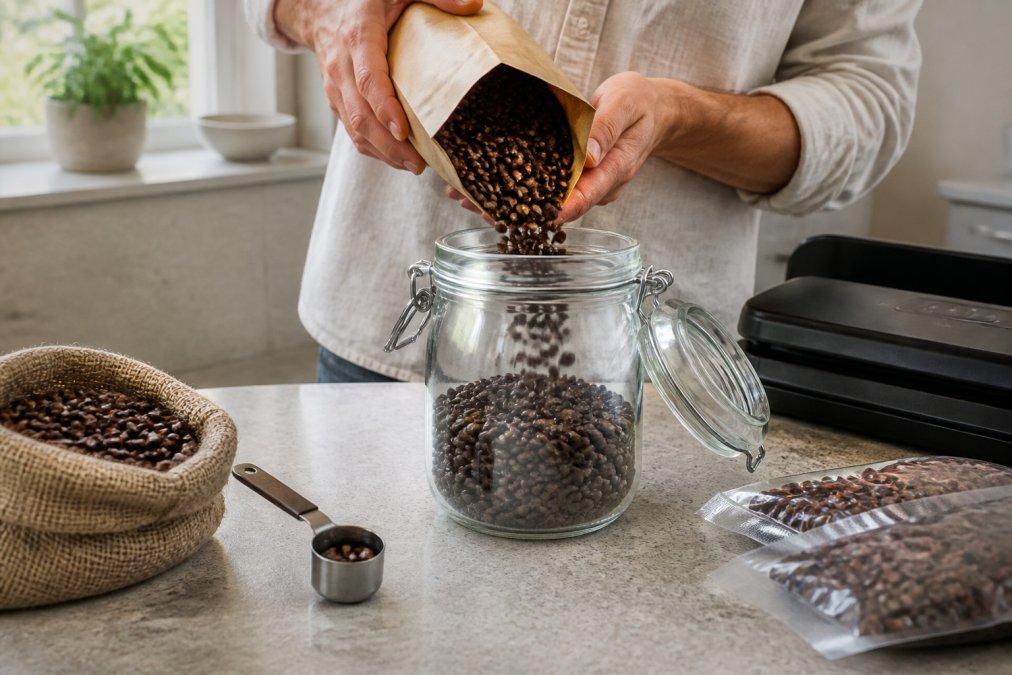 Hands carefully placing freshly roasted coffee beans into a glass airtight container on a kitchen counter with storage supplies (vacuum sealer, labels, measuring scoop) nearby in natural daylight