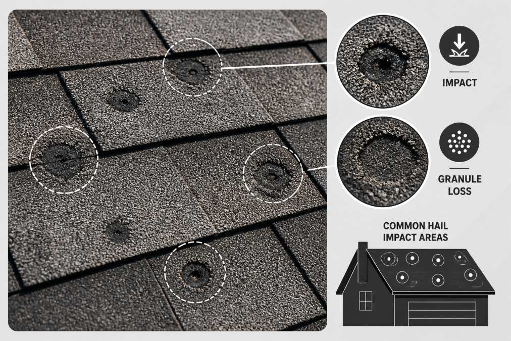 Process diagram showing steps for signs of storm damage on roof