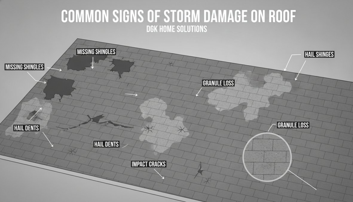 Close-up view of residential roof showing missing shingles, granule loss, and visible damage patterns from storm impact with debris scattered across damaged area