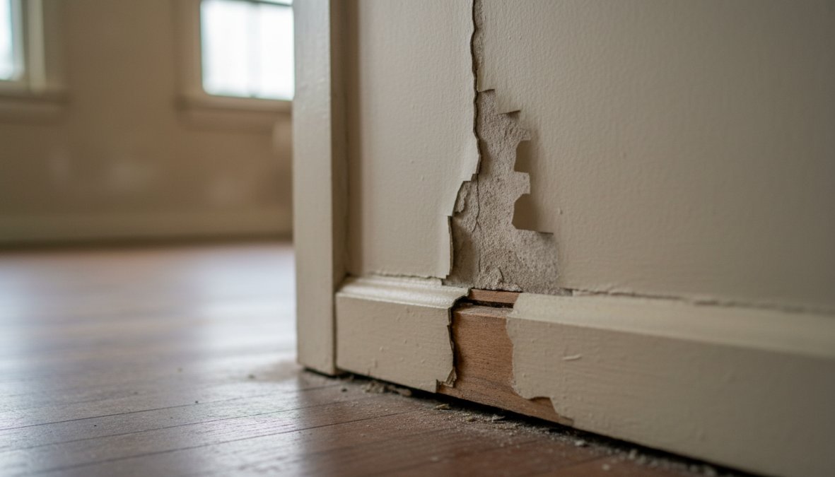 Close-up photograph of a large diagonal crack running across an interior drywall surface near a doorframe, with visible paint separation and a widening gap, illuminated by natural window light