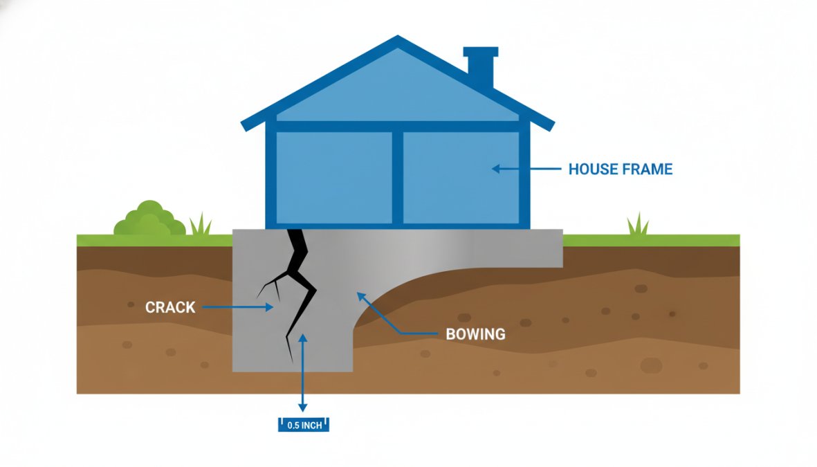 Exterior ground-level photograph showing a visible crack running vertically and horizontally through a concrete home foundation wall with slight outward bowing, surrounded by soil and dormant grass near the base of a residential house in overcast daylight