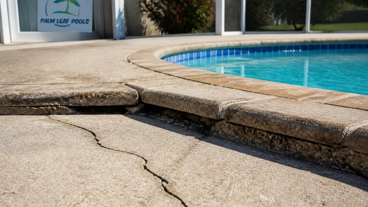 Diagram highlighting signs of structural damage in pools with uneven coping and cracked deck surfaces.
