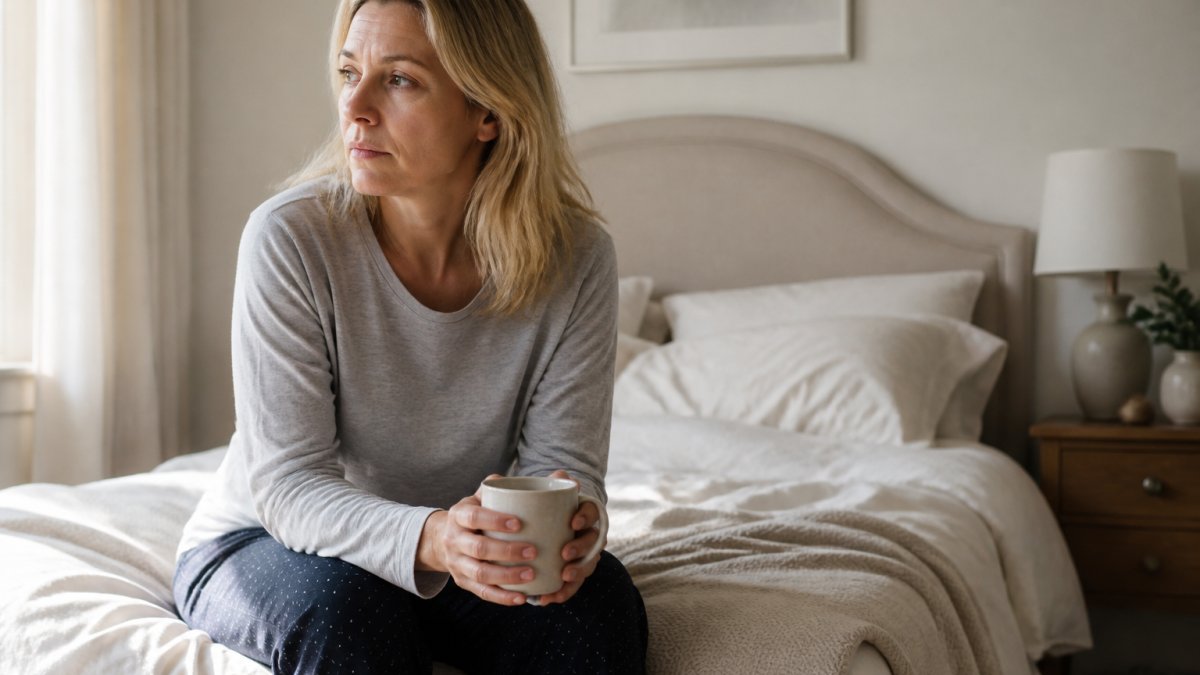 A woman in her forties sitting on the edge of her bed in the morning light, looking tired and holding a cup of coffee, with a calm bedroom setting behind her