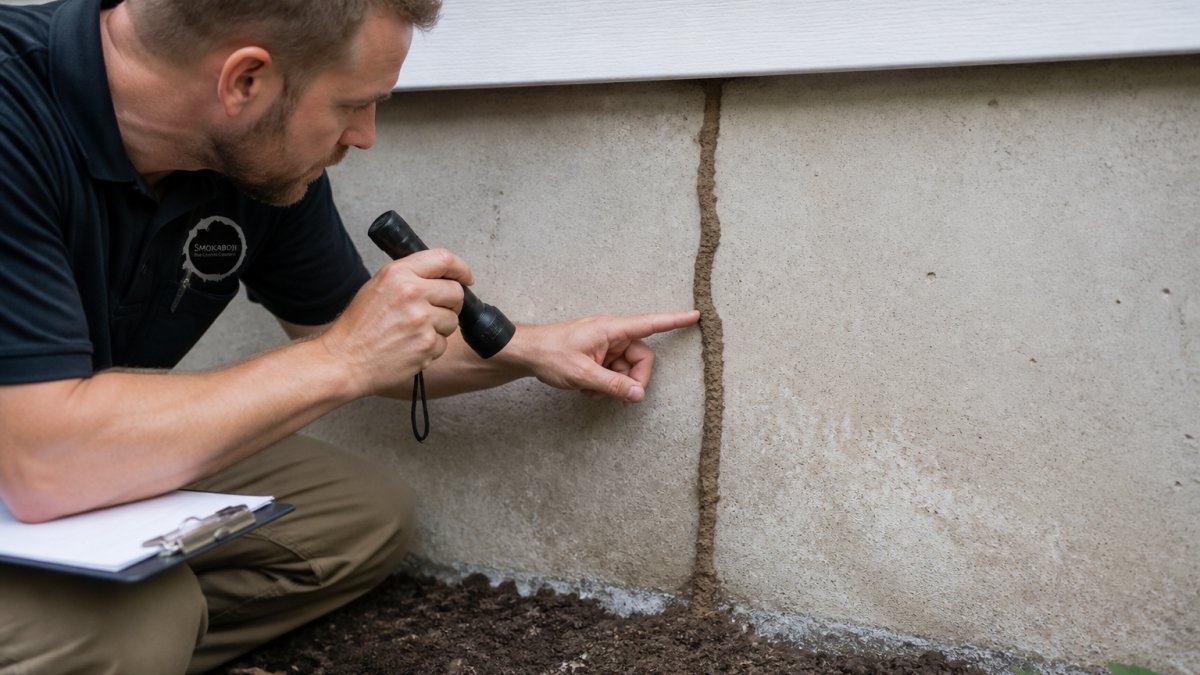 Close-up of a homeowner crouching near a concrete foundation wall, pointing at a pencil-width mud tube running up the surface, with a flashlight in hand and a clipboard nearby