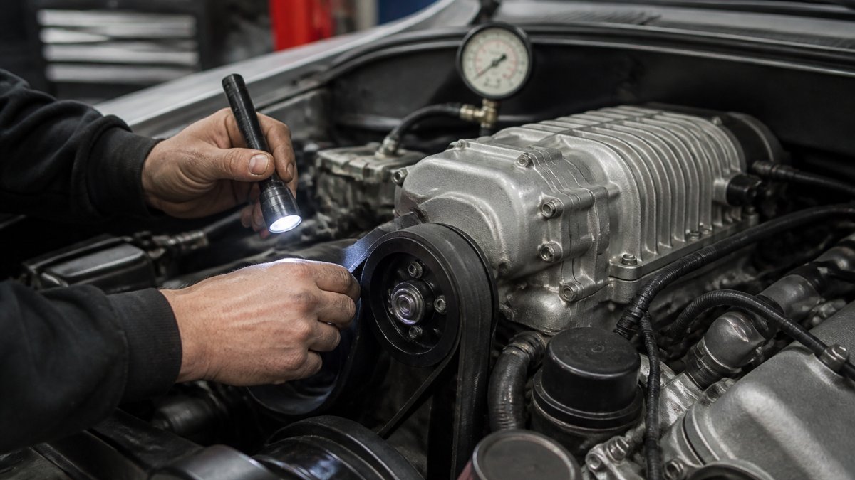 Close-up of a mechanic's hands using a flashlight to inspect a supercharger belt and pulley on a V8 engine in a garage, with a boost gauge visible in the background