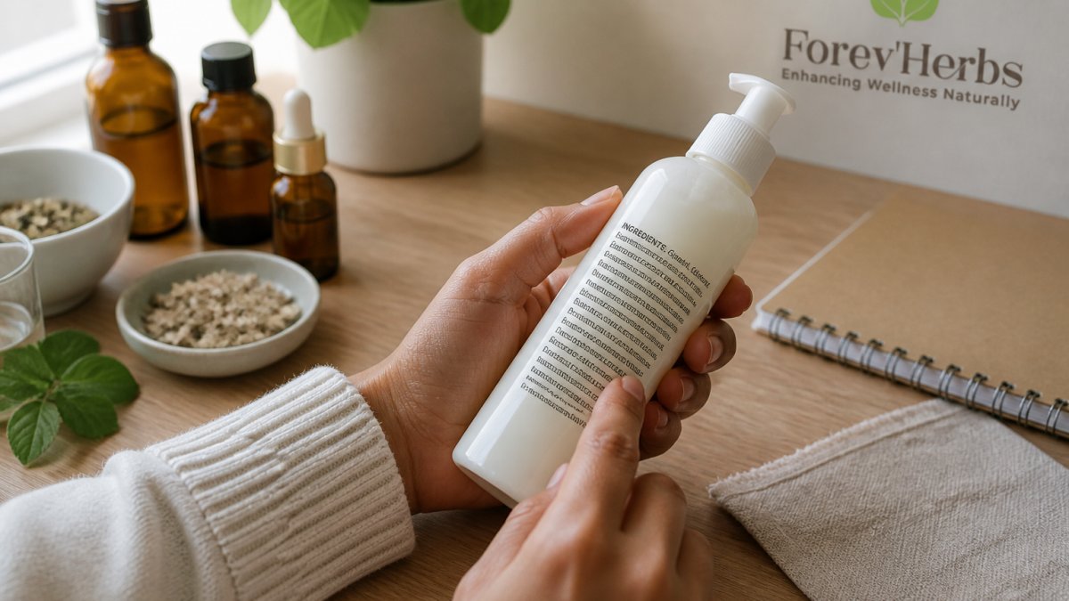 Close-up of hands holding a skincare product bottle, examining the fine print ingredient label in natural light with focus on the listed fragrance components