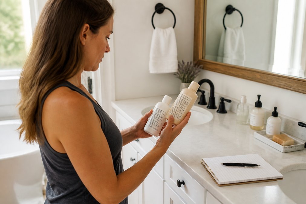 Person in a tidy bathroom comparing skincare labels to avoid synthetic fragrance irritation while taking notes.