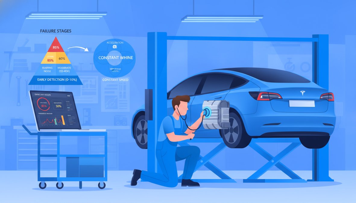 A Level 4 master technician in a professional workshop, crouching beside a Tesla Model 3 raised on a hydraulic lift, pressing an electronic stethoscope against the drive unit casing, diagnostic equipment displayed on a nearby laptop screen, workshop lit with overhead fluorescent lighting