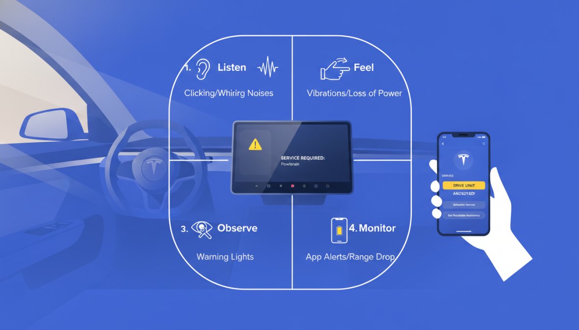 Close-up of a Tesla Model 3 centre touchscreen displaying a yellow powertrain warning alert, with a hand holding a smartphone showing the Tesla service app open beside it, natural daylight coming through the driver's window