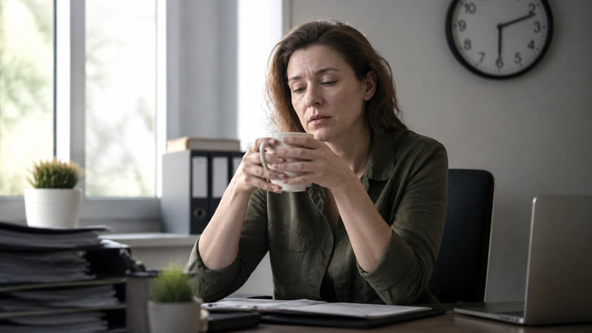 Woman at her desk looking visibly fatigued, holding a coffee cup with both hands, clock on wall showing mid-afternoon, natural office lighting streaming through window