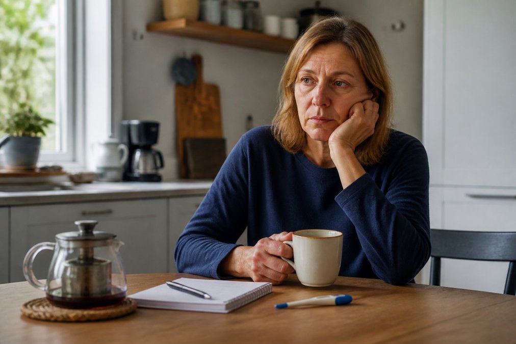 A woman in her late 40s sitting at a kitchen table looking tired, holding a cup of tea, with a thermometer and health notebook nearby in soft morning light