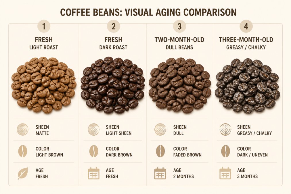 Side-by-side comparison of four piles of coffee beans showing aging stages, fresh matte light roast, fresh dark roast with light sheen, two-month-old dull beans, and three-month-old greasy/chalky beans