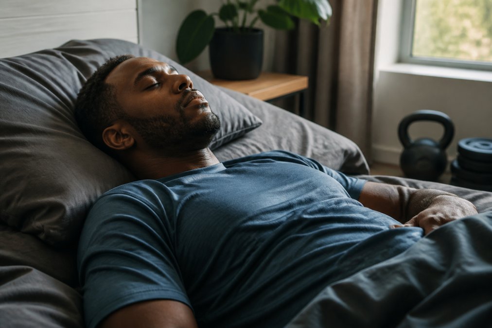 Person resting peacefully on a bed after a workout to overcome an unhealthy fitness obsession through recovery.